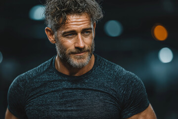 Fototapeta premium Portrait of a muscular man with graying hair wearing a dark t shirt