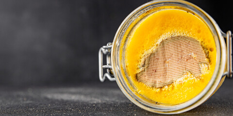 Foie gras goose liver appetizer delicacy fresh delicious gourmet food background on the table rustic food top view copy space