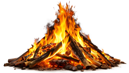 Campfire with burning wood and bright flames, isolated on transparent background