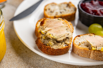 Foie gras goose liver appetizer delicacy fresh delicious gourmet food background on the table rustic food top view copy space