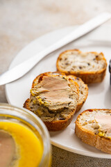 Foie gras goose liver appetizer delicacy fresh delicious gourmet food background on the table rustic food top view copy space