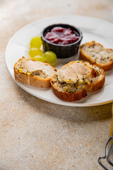 Foie gras goose liver appetizer delicacy fresh delicious gourmet food background on the table rustic food top view copy space © Alesia Berlezova
