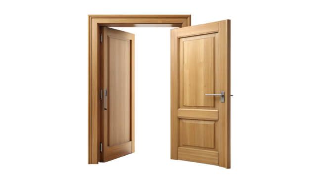 An open wooden door and frame isolated on transparent background, representing opportunity and new beginnings