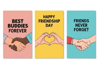 Happy friendship day greeting cards with messages like best buddies forever and friends never forget, isolated on white background