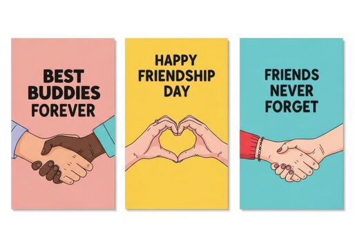Happy friendship day greeting cards with messages like best buddies forever and friends never forget, isolated on white background