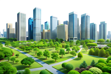 A modern cityscape with numerous skyscrapers and lush green parks, showcasing urban development and a vibrant city environment isolated on transparent background