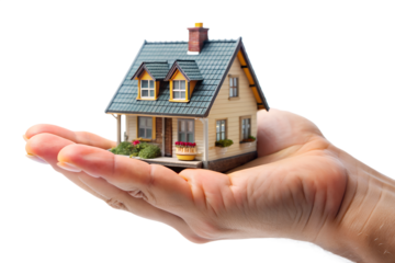 Small model house held in a hand, isolated on transparent background