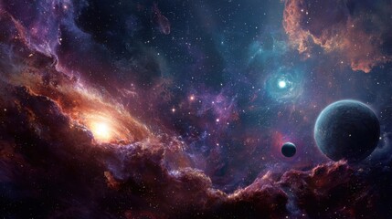 Fototapeta premium A breathtaking view of a vast cosmic landscape shows swirling nebulae, glowing galaxies, and distant celestial bodies. Bright stars illuminate the colorful scene in deep space.