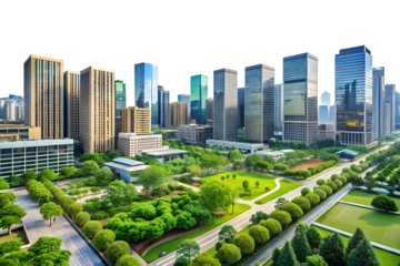 Modern cityscape with skyscrapers, green park, and road, isolated on transparent background