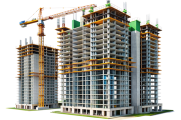 Modern skyscraper construction with tower cranes, isolated on transparent background