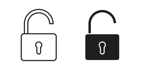 Open Padlock Icons in Line and Solid Styles, Isolated on White Background