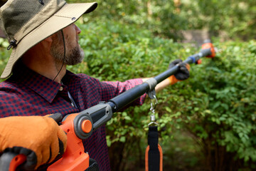 Fototapeta premium Man Using a Power Tool to Prune Bushes in a Garden Setting