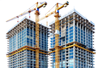 Two skyscrapers under construction with tower cranes, isolated on transparent background