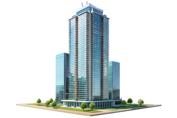 A modern glass skyscraper with surrounding buildings and trees, isolated on transparent background