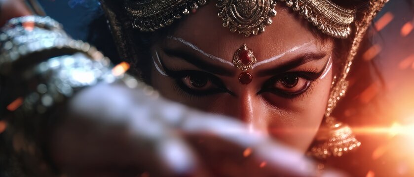 Intense Indian woman with traditional makeup and gold jewelry staring intensely Closeup portrait of a powerful Hindu goddess with dramatic eye makeup