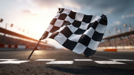 A checkered flag flutters above the finish line on a racetrack during an exciting race in the late afternoon sun, creating a dynamic and competitive atmosphere.
