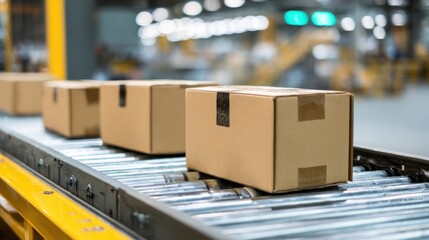 Boxes are moving along a conveyor belt in a busy warehouse. Workers are preparing for shipment as the system efficiently transports goods, showcasing a well-organized logistics operation.