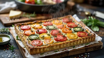 Fototapeta premium Savory tart with colorful heirloom tomatoes and fresh herbs on golden pastry crust, homemade rectangular tart on wooden cutting board