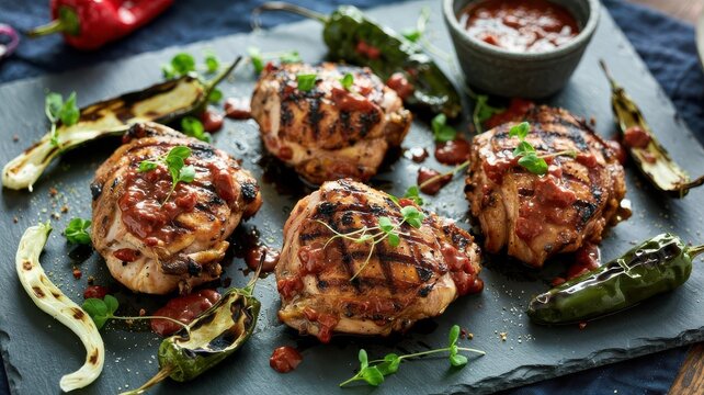 Grilled pasilla chile chicken thighs with glistening red sauce on dark slate platter alongside charred peppers and fresh microgreens