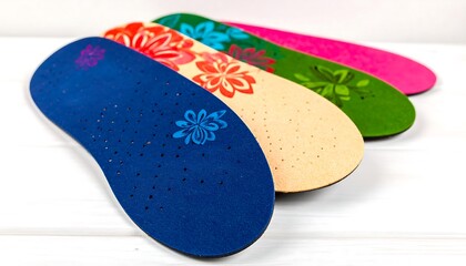 Colorful floral insoles arranged in a row on a white surface, showcasing various vibrant hues.