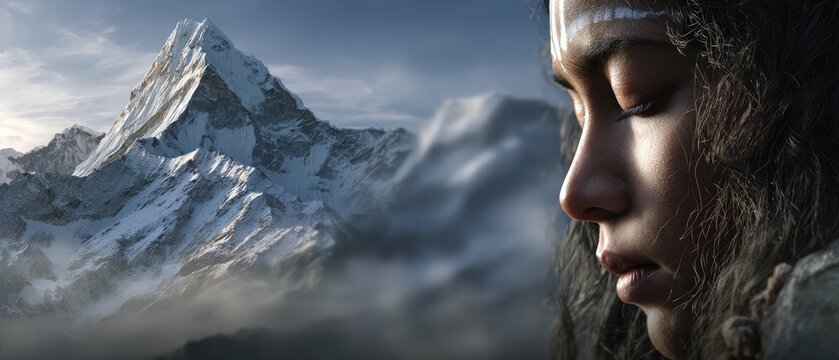 Contemplative Asian woman with face paint against majestic snow mountain landscape Concept of spirituality, inner peace, and connection with nature
