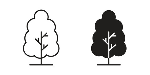 Tree Icons in Line Art and Silhouette with White Background
