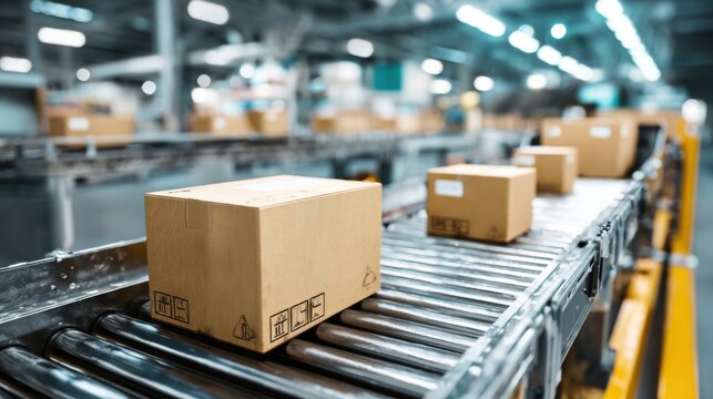 Packages move efficiently along a conveyor belt inside a busy distribution center. Workers focus on sorting and organizing items for shipment. The atmosphere is industrious and organized.