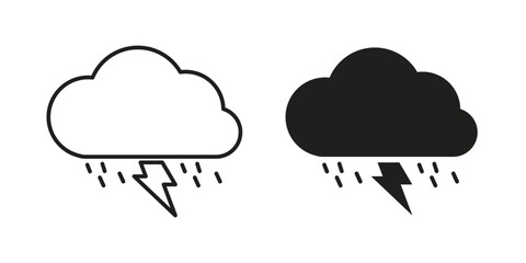 Storm Cloud Icons with Rain and Lightning, Isolated on White Background
