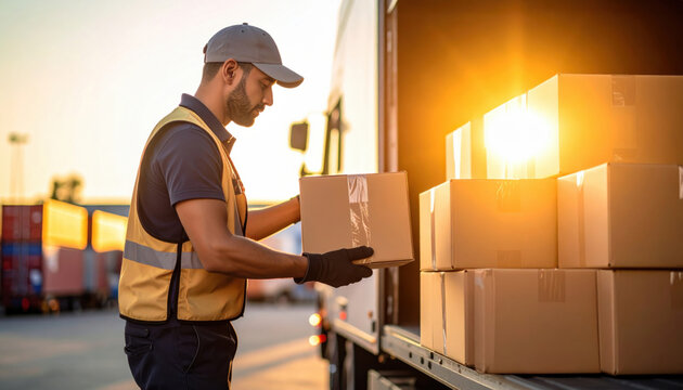 Man in safety vest loads cardboard boxes onto a truck at sunset. Logistics, shipping, and delivery concept.