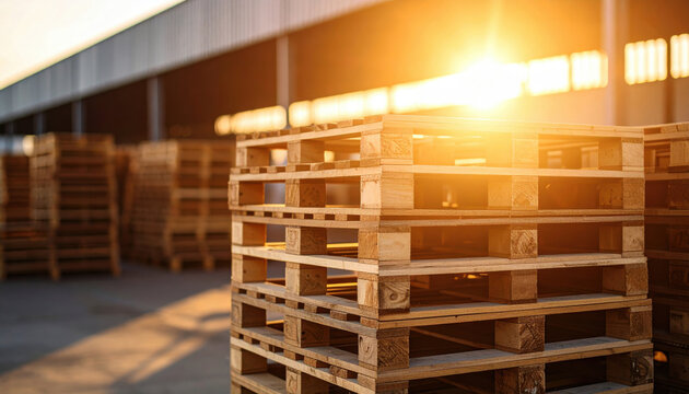 Stack of wooden pallets outdoors at sunset.  Logistics, warehouse, shipping concept.