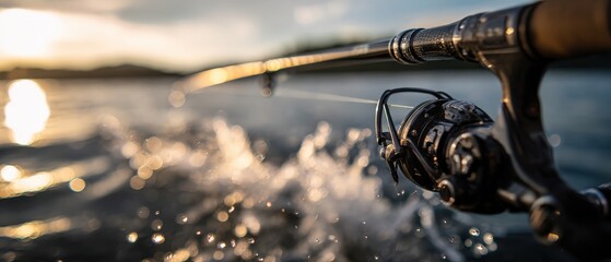 Closeup of Fishing Rod and Reel in Action at Sunset Concept of Outdoor Recreation, Sport Fishing and Angling