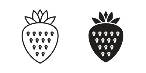 Strawberry Icons in Line Art and Solid Styles, Isolated on White Background
