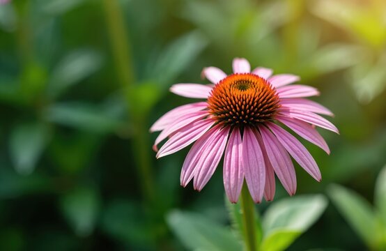 Macro shot of vibrant purple Echinacea flower, commonly known as coneflower. Delicate pink petals radiate from spiky orange center, resembling sea urchin. Green foliage forms soft bokeh background. - Powered by Adobe