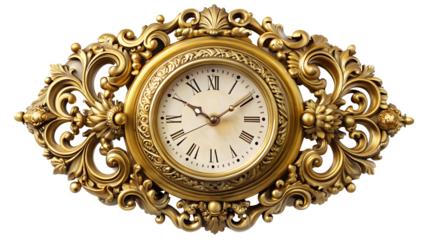Antique ornate gold clock with roman numerals and elegant hands, isolated on transparent background