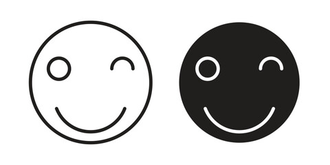 Smiling Emoticon Pair in Line Art Style, Isolated on White Background