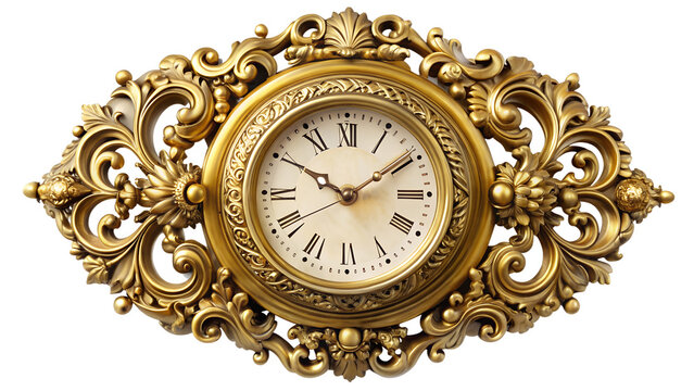 Antique ornate gold clock with roman numerals and elegant hands, isolated on transparent background