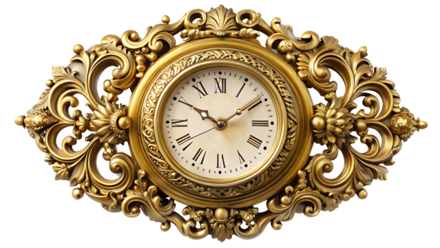 Antique ornate gold clock with roman numerals and elegant hands, isolated on transparent background