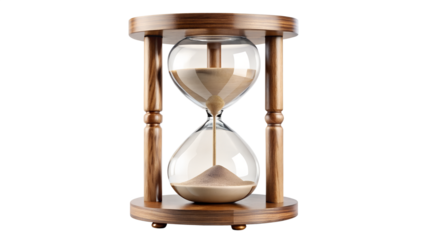 Wooden hourglass with sand flowing, isolated on transparent background