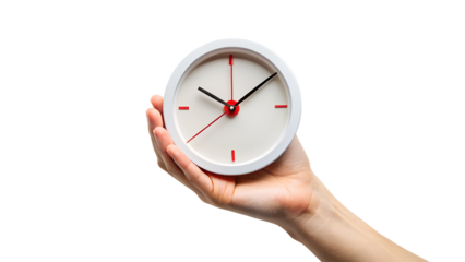 Hand holding a white round clock with red hands and markers isolated on transparent background