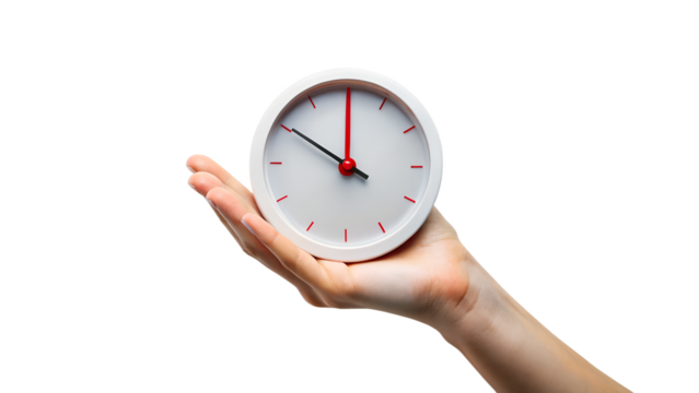 Hand holding a white round clock with red hands and markers isolated on transparent background