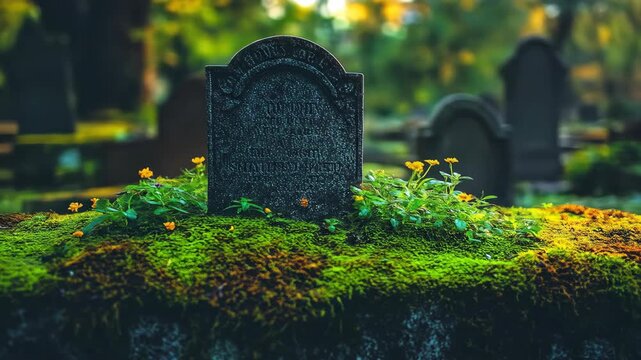 Aged headstone with moss and flowers in a cemetery at sunset