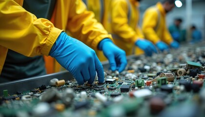Workers wearing protective gear, blue gloves sort electronic waste at recycling facility. Carefully handle circuit boards, components, emphasizing resource recovery, responsible management of e-waste.