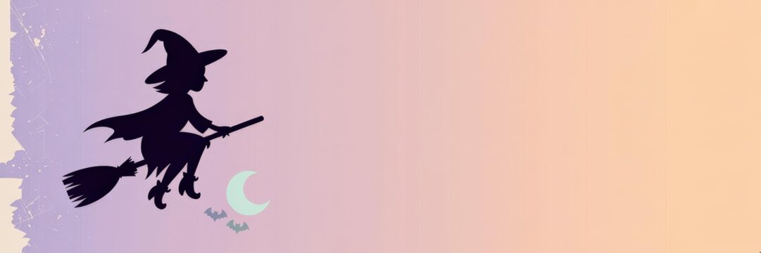 Halloween Promotion Banner &mdash; Flat Vector Silhouette Young Woman Witch Flying Broom, Black Hat & Cape, Pointed Boots, Mint Crescent Moon & Bats Pastel Pink&ndash;Peach Gradient, Left-Aligned Panoramic Websit