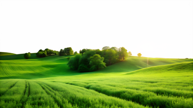 Green rolling hills and fields with trees under sunlight isolated on transparent background