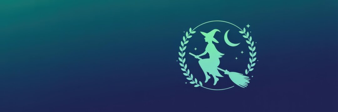 Minimalist Flat Vector Haloween Witch Silhouette Brom &mdash; Aqua/Teal-to-Navy Graient Background Crescent Mon & Stars Laurel Wreath Eblem, Left Copy Space &mdash; Baner, Website Hero & SocialMedia Header