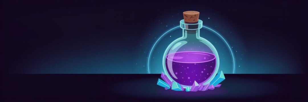Vector Illustration &mdash; Styized Fantasy Mana Potion Bttle Glowing Purple LiquidCyan Crystals, Neon Halo Drk Gradient Background | Mbile RPG Game UI Banner / ero Image / App Store Prom Copy Space
