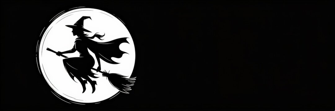 Monochrome Vector Female itch Silhouette Flying Bromstick Full Moon &mdash; Black Bckground, Left-Aligned Rigt Copy Space | Horizontal alloween Banner & Social Mdia Header Template Seasonl Promotion