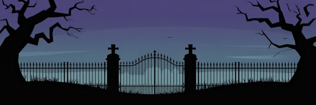 Halloween Vector Silhouette &mdash; Haunted Cemetery GateCoss-Topped Pillars & SpiedIron Fence, Dead Trees FogPurple-Blue Twilight anoraic Background &mdash; Spooy Gothc Hero Banner, Even Poster Webs