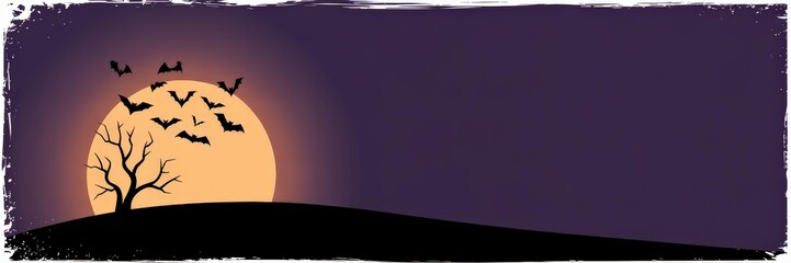 Halloween Vector Banner &ndash; Silhouette Bats & Bare Tre Hill Large Orange Full Mon, Purple Gradient Sky, Dstressed White Border, Wid Landscape Right-Side CopySpace Social Media, Websit, Promotion,