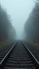 Fototapeta premium Serene Foggy Railroad Tracks Surrounded by Trees in a Quiet Forest Setting